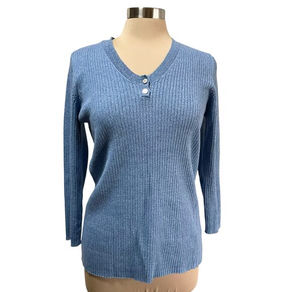 Liz Claiborne Blue Rib Knit Vneck Cotton Sweater Sz XL Closet Staple Casual Work - Picture 1 of 9